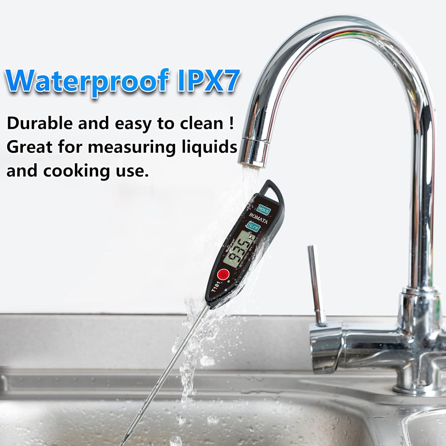 BOMATA 6 Pack Waterproof IPX7 Meat Thermometer Instant Read Food Thermometer with Long Probe for Water, Liquid, Kitchen Cooking, Grill,BBQ ! T101 X 6 Pcs (Black & Red & White)…