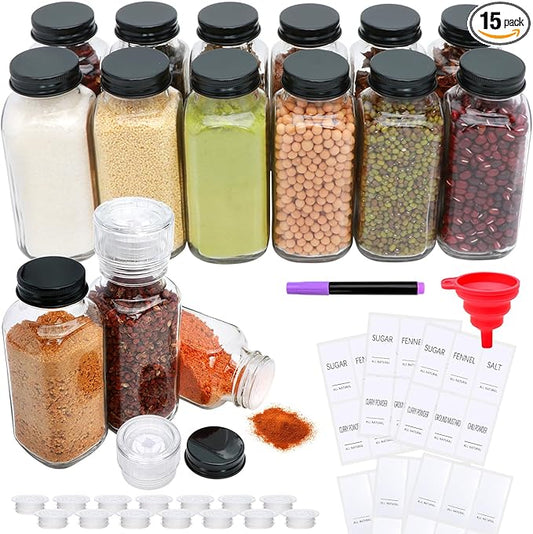 8oz Glass Spice Jars with Grinder Lids, Square Spice Bottles with Deeper Shaker Lids and Airtight Metal Caps, Seasoning Containers for Spice Organization, Fits Cabinet, Drawer, Spice Rack, 15 pack