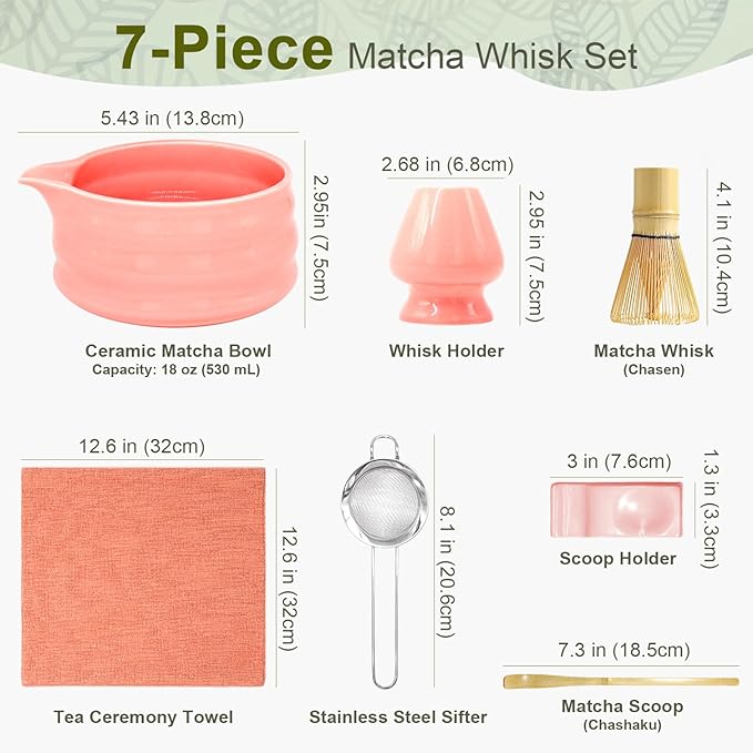 Matcha Whisk Set, 7Pcs Matcha Set - 18oz Matcha Bowl with Spout, Bamboo Matcha whisk & Ceramic Holder, Sifter/Scoop/Stand/Towel, Matcha Kit for Tea Lovers, Ideal Gift Set (Pink)