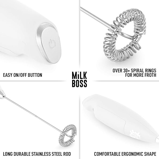 Milk Boss Matcha Whisk - Handheld Electric Stirrer - Frother Wand & Drink Mixer - Durable Stainless Steel - White Ultra Stand
