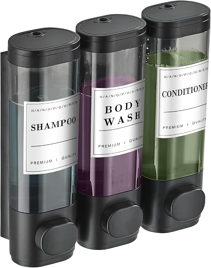 Shampoo and Conditioner Dispenser Shower Dispenser Body Wash Wall Mounted Shampoo Dispenser for Shower Wall No Drill for Bathroom Hotel 3 Chamber x 300ml Black with Waterproof Labels