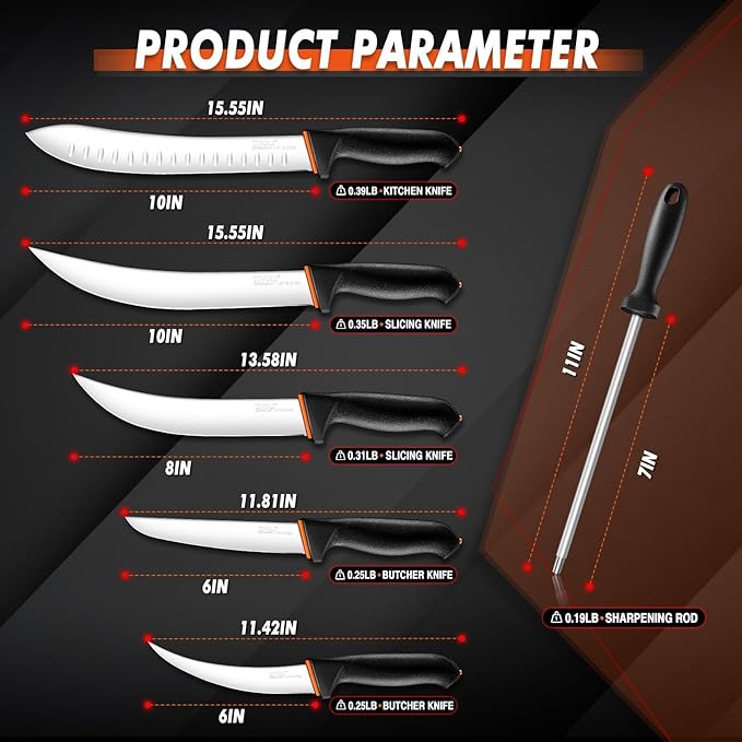 TIVOLI Butcher Knife Set, 6 PCS Professional Bbq Knife Set with Non-Slip Softgrip, German Stainless Steel Blade For Meat Cutting Skinning Boning Trimming, Non-Slip Softgrip & Incl. 7" Sharpener Rod
