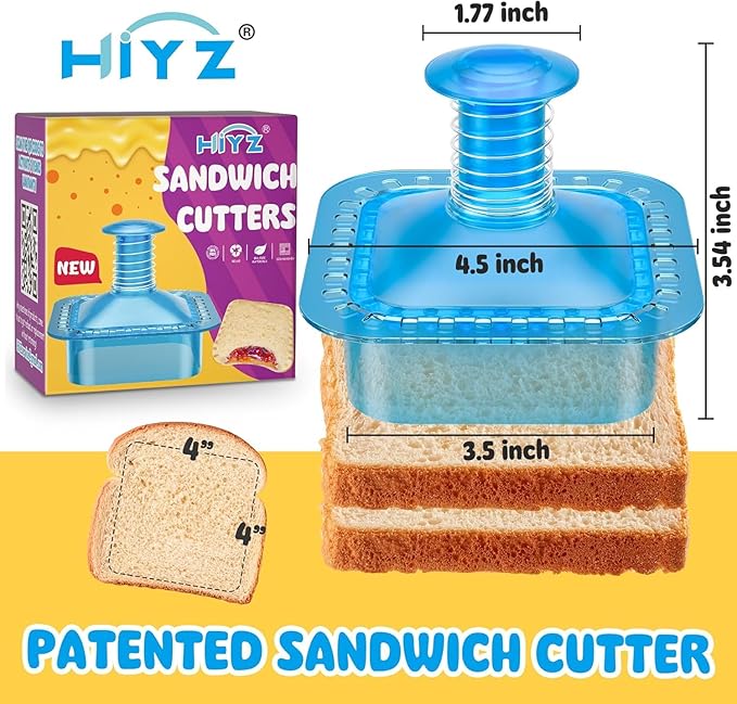 Sandwich Cutter and Sealer Cut and Seal Sandwich Maker, Crustless Peanut Butter & Jelly Sandwich Cookie Cutter (Translucent Blue Square)