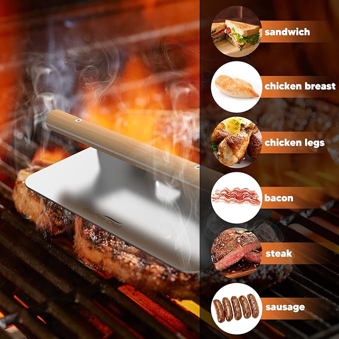 Onlyfire Stainless Steel Burger Press, 9 Inch Heavy Duty Rectangular Bacon Press with Wood Handle, Non-Stick Grill Press for Griddle, Smash Burger Press for Flat Top Grill Cooking