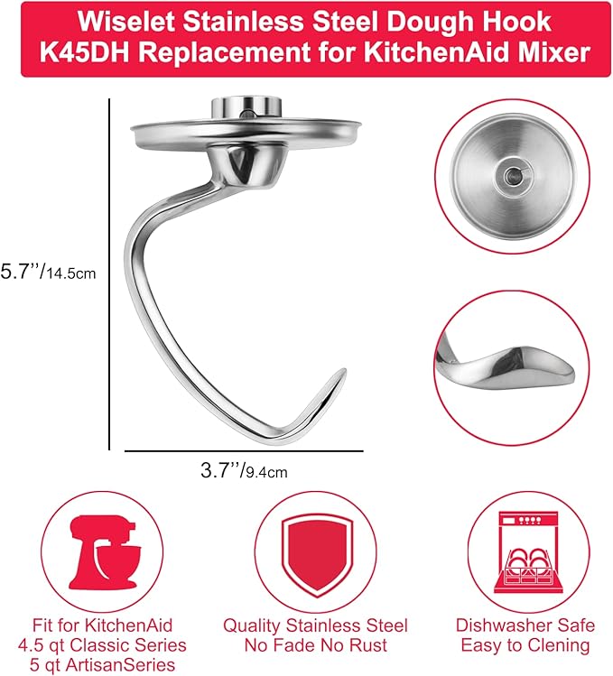 Stainless Steel Dough Hook for KitchenAid 4.5/5 Quart Tilt-Head Stand Mixer, Fit for Classic, Classic Plus and Artisan Serie K45SS, KSM75, KSM90, KSM95, KSM150, Heavy Duty and Dishwasher Safe