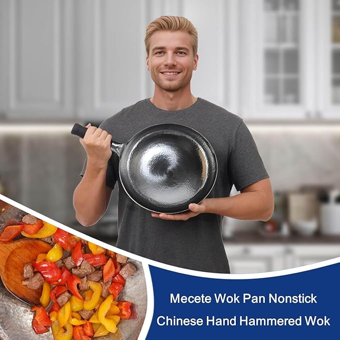 Wok Pan Nonstick Chinese Hand Hammered Woks and Stir Fry Pans Non-stick Carbon Steel Wok Utensils No Coating(13.3 Inch, Round Bottom) 1.8 mm thickness