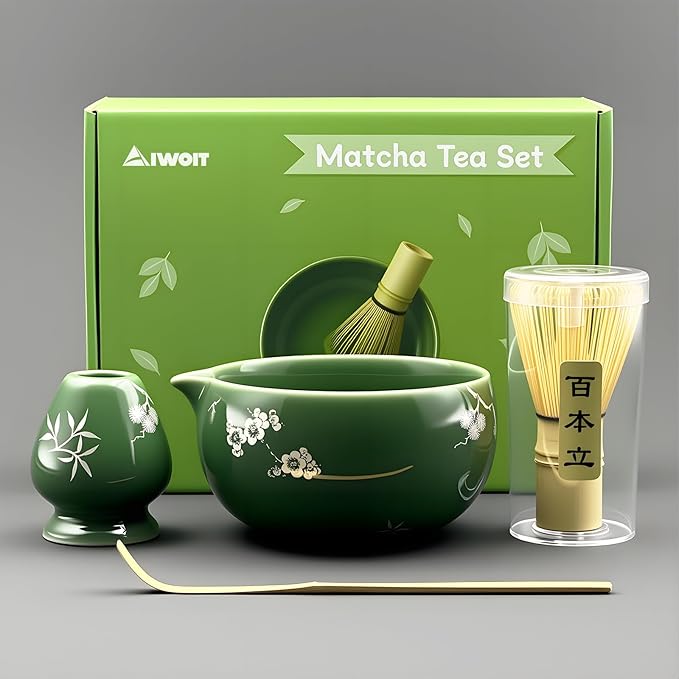 Matcha Whisk Set, Ceremonial Grade Matcha Set, Macha Making Kit with Matcha Bowl with Spout, Chashen Holder, Bamboo Whisk and Scoop, Gift for Matcha Green Tea Lovers