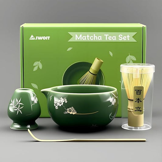 Matcha Whisk Set, Ceremonial Grade Matcha Set, Macha Making Kit with Matcha Bowl with Spout, Chashen Holder, Bamboo Whisk and Scoop, Gift for Matcha Green Tea Lovers