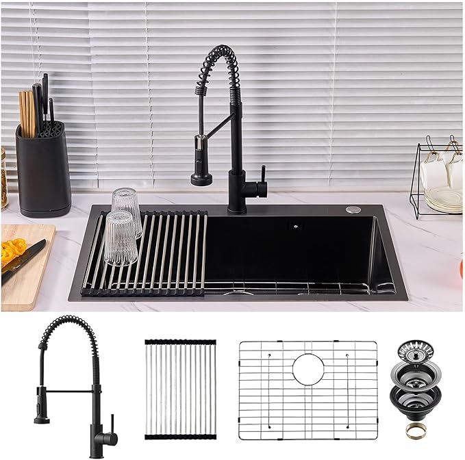 Top-Mount Kitchen Sink and Faucet, 30 inch Drop in Black Kitchen Sinks Single Bowl,9" Deep Handmade Overmount Kitchen Sink, T304 Stainless Steel Nano Black Workstation Sink with Accessories