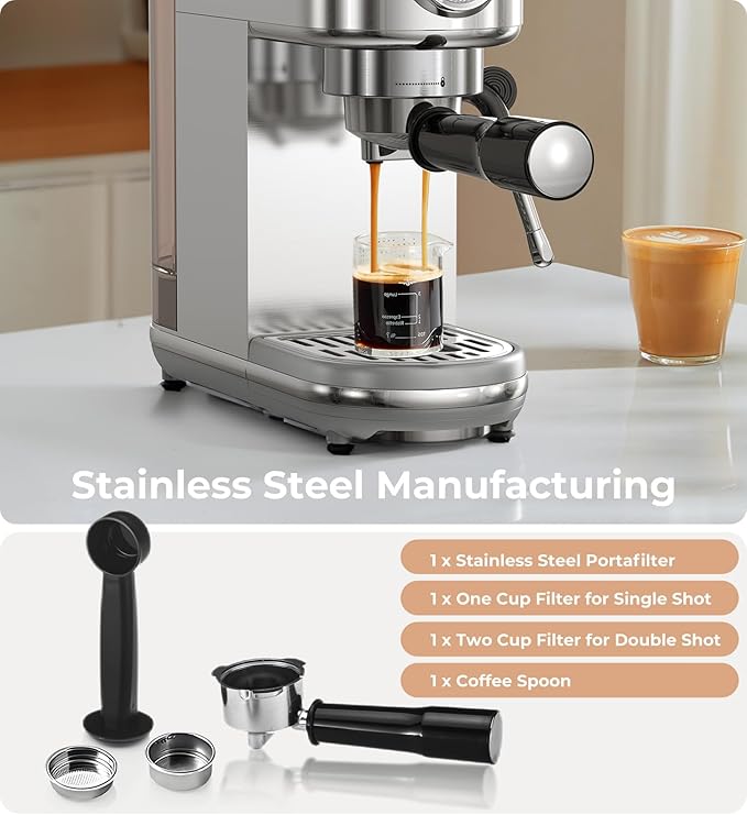 Espresso Machine with Milk Frother, 20 Bar High Pressure Professional Espresso Maker Automatic, Compact Stainless Steel Coffee Machine for Cappuccino, Latte, Gift for Coffee Lover, Dad or Mom, Silver