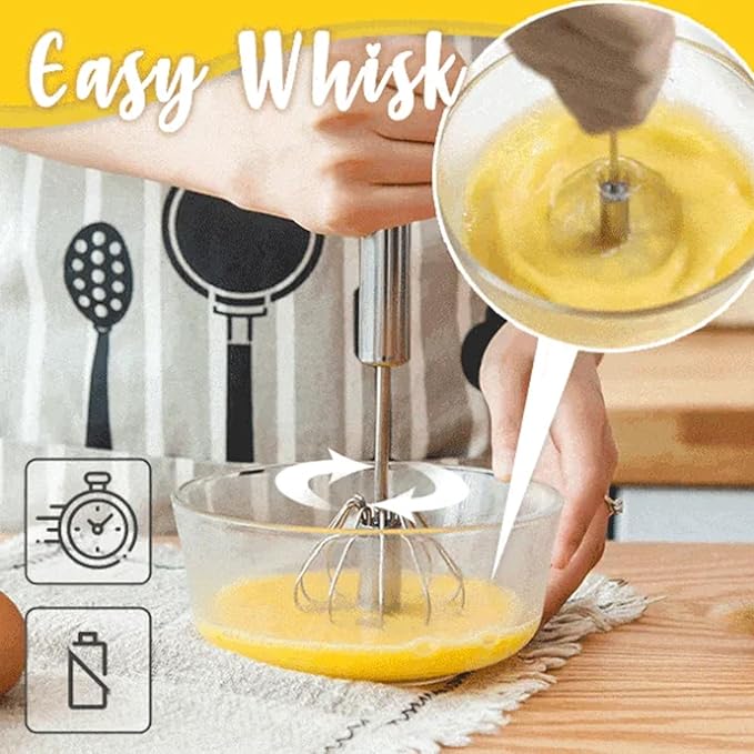Stainless Steel Semi Automatic Whisk - 12 Inch Easy Whisk Rotating Hand Egg Beater for Milk Frother, Dough, Cream, Matcha, Hand Push Kitchen Mixer for Blending, Whisking, Beating & Stirring (Silver*3)