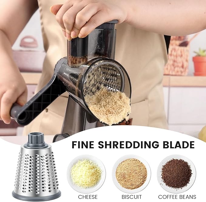 HANSGO Rotary Cheese Grater, Hand Crank Cheese Shredder for Fresh Cheeses, Vegetable, Nuts, Safe Kitchen Tool, Non-slip Suction Base, Labor-Saving Handle, Cleaning Brush, Three Blades