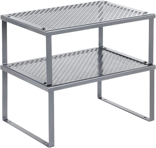 SONGMICS Spice Racks, Set of 2 Metal Cabinet Shelf Organizers, Countertop Organizers, Shelf Risers, Stackable, Expandable, Silver UKCS01SV