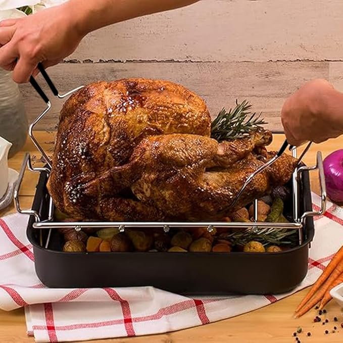 Delux Turkey Roaster Lasagna Pan Set for Roasting Thanksgiving Turkey, Chicken, Meat & Vegetables, with Stainless Steel Turkey Baster Turkey Lifter and Carving Knife n Fork Set