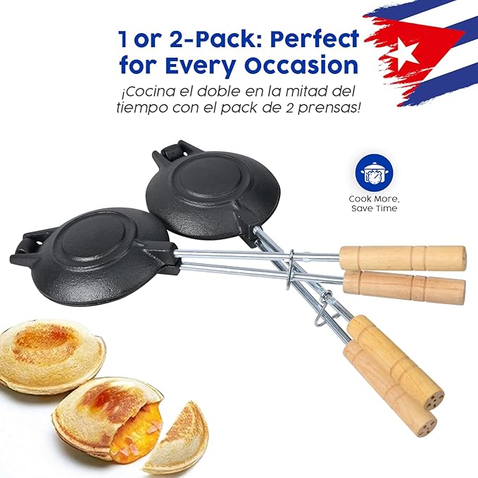 Original Disquera de Pan Cubano Redondo – Set of 2 Cast Iron Cuban Sandwich Presses – Traditional Discos Voladores Maker – 15” with Wooden Handles