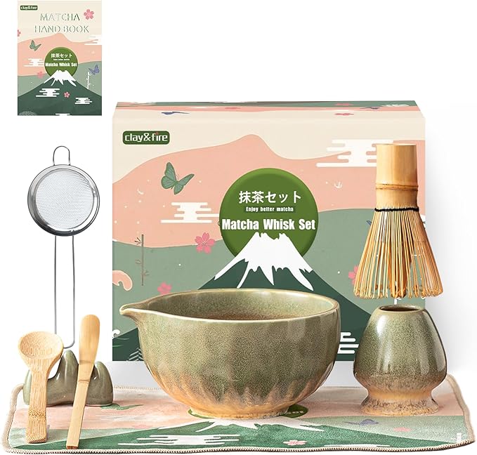 Clay&Fire Matcha Whisk Set，9 Pcs Ceramic Matcha Set, 15 OZ Matcha Bowl with Spout and Whisk for Friend, Ideal Gift for Matcha Lover（Kiln-change Green）