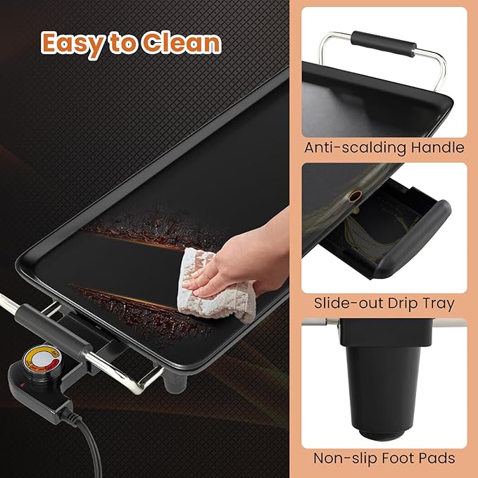 27” Large Electric Griddle, Teppanyaki Grill w/Nonstick Surface, 4 Adjustable Temperature, Insulated Handles & Drip Tray, Indoor & Outdoor Tabletop Griddle for Party, Camping (27“)