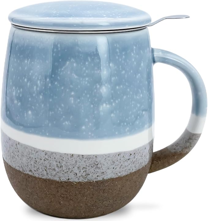 13.5 OZ Reactive Glaze Tea Cup with Infuser and Lid, Porcelain Tea Infuser Mug, Single Brewing Teacups for Loose Leaf, Microwave & Dishwasher Safe, Pale Blue