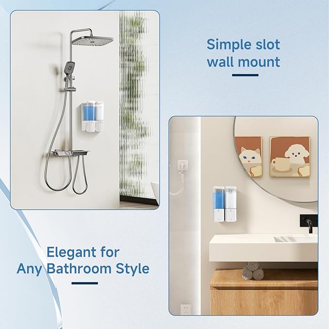 Shampoo and Conditioner Dispenser Wall Mounted, Shower Soap Dispenser No Drill Upadate Easy Slot Install, Shampoo Dispenser for Shower Bathroom Large Capacity 500ml * 2 Chamber Holder White