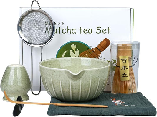 Matcha Bowl and Tea Whisk Set, 7-Piece Collection: 19-ounce ceramic bowl, whisk stand, bamboo scoop with scoop holder, tea strainer, and tea towel. Complete matcha ceremony set.