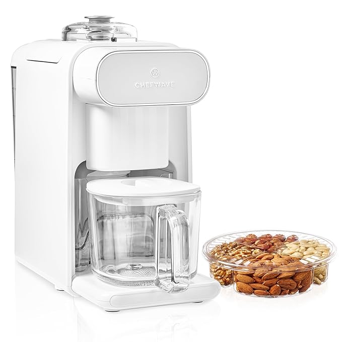 ChefWave Milkmade Non-Dairy Milk Maker (Silver/White)– 6-in-1 Vegan Plant-Based Milk Machine with Auto Clean, Delay Start & Glass Pitcher – Almond, Oat, Soy, Cashew, Coconut, Macadamia Milk Maker