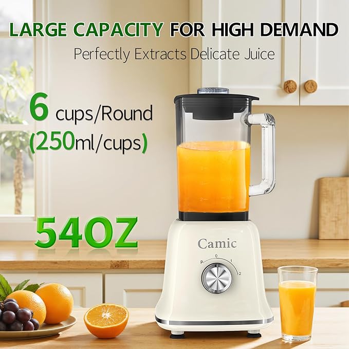 Camic 750W Professional Blender,6-Cup Glass Jar Blender for Smoothies and Shakes with 6 Sharp Stainless Steel Blades,Ice Crush Function,for Juice,Puree, Soup(White)
