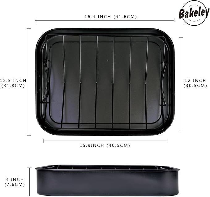 Roasting Pan, Nonstick Roaster Pan with Rack, Turkey Roasting Pan with V Rack, 17 Inch x 13 Inch, Black