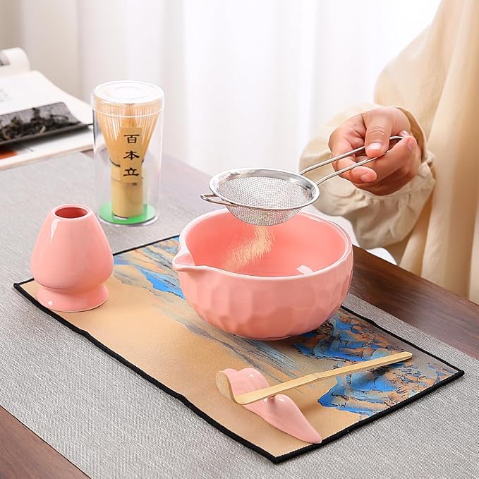 7-Piece Matcha Whisk Set, Pink Ceramic Matcha Bowl with Unique Diamond Design, Bamboo Whisk, Scoop, Sifter & Tea Towel - Complete Matcha Kit for Tea Lovers (Pink Gift Box)