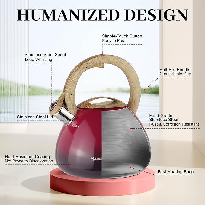 MARSKITOP Tea Kettle for Stove Top, Food Grade Stainless Steel Teapot for Stovetop, Tea Pot for Stove with Anti-Hot Handle, Stove Top Whistling Tea Kettle for Boiling Water, 2.6 Quart, Red