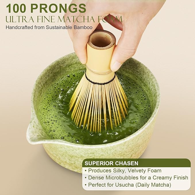 Matcha Whisk Set of 7 | Green Ceramic Matcha Tea Set – Matcha Bowl with Spout, Bamboo Whisk & Holder, Scoop & Rest, Sifter, Tea Towel – Japanese Tea Ceremony Starter Gift Set