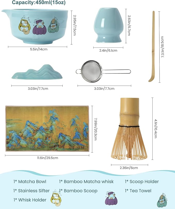 Matcha Whisk Set 7 Pcs Ceramic Matcha Kit with Bowl,Bamboo Whisk & Holder,Scoop,Rest,Stainless Steel Sifter,Tea Towel–Traditional Japanese Tea Ceremony Tools Set(Blue)