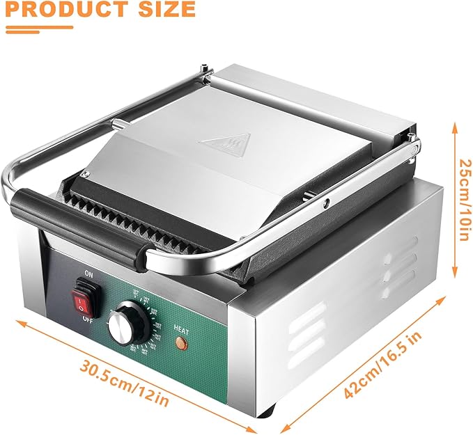 Commercial Panini Press, 2200W Panini Grill Press Sandwich Maker with Non-Stick Grooved Plates and Adjustable Temperature Control, Double-sided Heating Electric Griddle