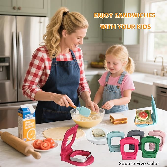 Sandwich Cutter and Sealer - 3.7" Circle & Square Pocket Sandwich Maker, Intuitive & Easy-to-Use for Boys &Girls, Perfect for Breakfast & Lunchboxes (Fuchsia, Square)