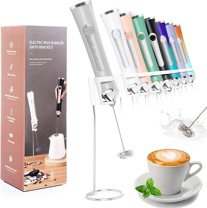 Rechargeable Milk Frother Handheld For Coffee,3 Speeds Frother Wand With Stand, Batidora De Mano Electrica,With 2 Heads,Drink Mixer Electric Handheld,Kitchen Essentials (Silvery)
