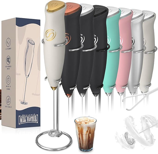 Milk Frother With Stand Milk Frother Wand Coffee Frother Handheld Drink Mixer Handheld with 2 Whisks Electric Whisk Stirrers Electric Milk Frother for Coffee Mixer Wand Milk Foamer-White/Gold