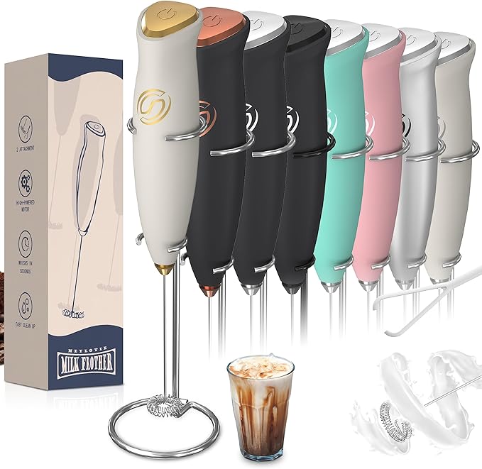 Milk Frother With Stand Milk Frother Wand Coffee Frother Handheld Drink Mixer Handheld with 2 Whisks Electric Whisk Stirrers Electric Milk Frother for Coffee Mixer Wand Milk Foamer-White/Gold