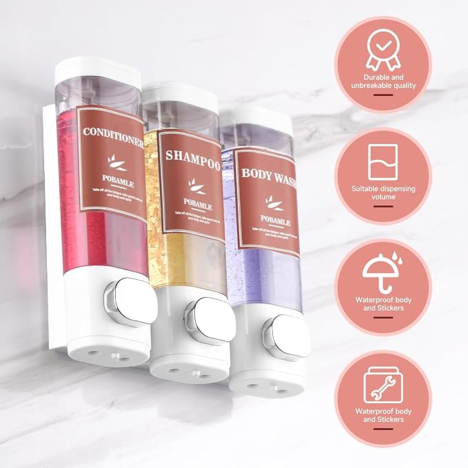 Shampoo and Conditioner Dispenser Wall Mounted Shower Soap Dispenser No Drill Shampoo Dispenser for Shower 3 Chamber Bathroom Body Wash Shower Gel Holder White