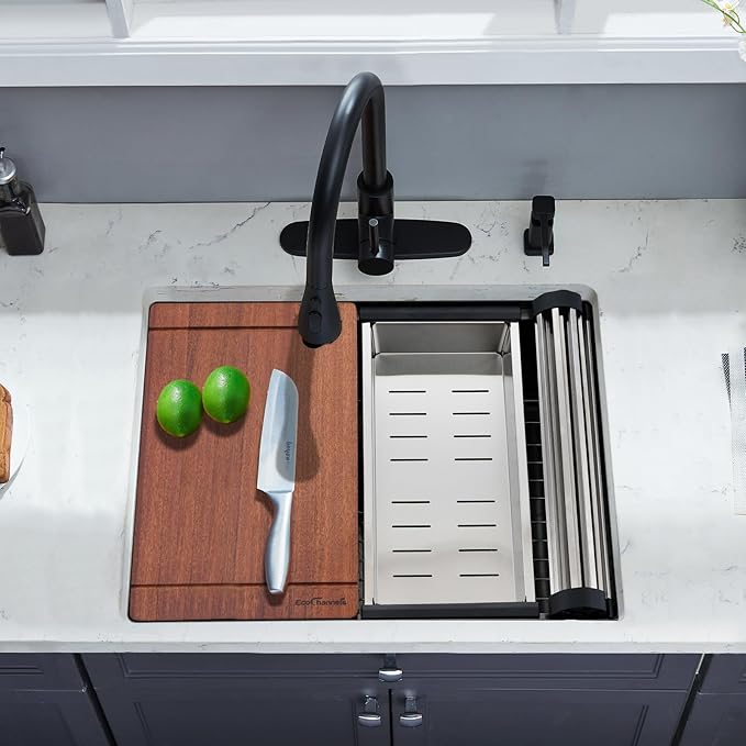 Undermount Kitchen Sink, 24 x 19 Inch Sink Kitchen 16 Gauge Stainless Steel Kitchen Sinks Gunmetal Black Single Bowl Workstation Sink with Cutting Board