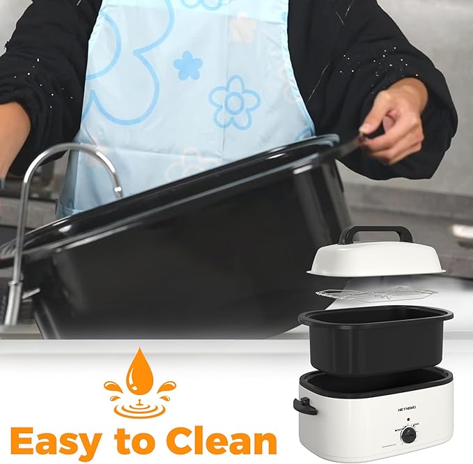 Roaster Oven, Electric Roaster Oven 26 Quart with Viewing & Self-Basting Lid, Turkey Roaster with Defrost & Warm Function, Large Electric Roaster Pan with Removable Pan & Rack, Stainless Steel, White