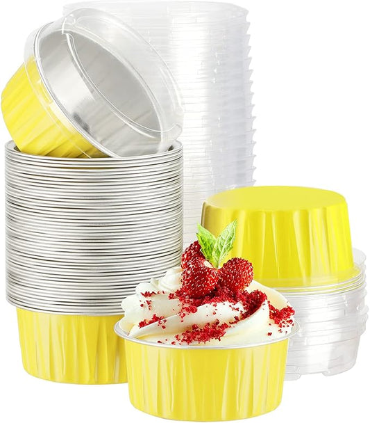 EUSOAR Aluminum Ramekins with Lids, 50pcs 5oz Aluminum Foil Baking Cups, Disposable Foil Ramekins Muffin Liners, Aluminum Foil Dessert Containers Cupcake Holders Pans with Lids Yellow