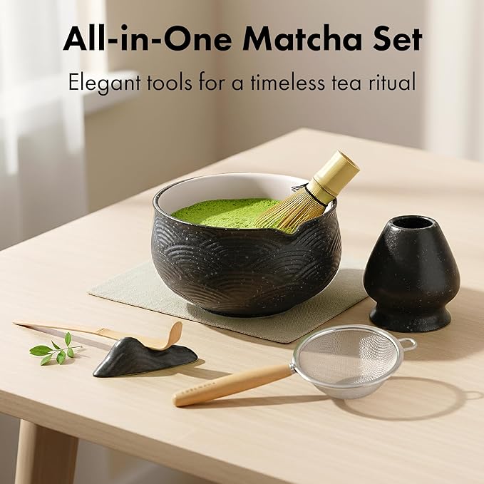 Matcha Kit Whisk Set (7 Pcs) - Complete Matcha Set, Matcha Bowl with with Bowl, Whisk and Holder, Bamboo Spoon/Scoop, Scoop Rester and Sifter incl. Booklet