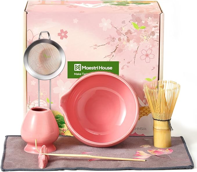 Maestri House Matcha Whisk Set, 7 Pcs Ceramic Matcha Kit with Spouted Bowl, Matcha Whisk & Holder, Bamboo Scoop, Scoop Rest, Sifter & Cloth – Complete Matcha Gift Set for Beginners & Tea Lovers(Pink)