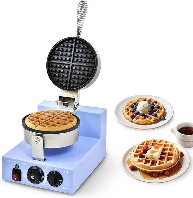 Commercial Waffle Maker, 1200W Round Rotating Waffle Iron Machine with Timer & Temp Control, Nonstick Plates, Heat-Resistant Shockproof Non-Conductive Plastic Body (110V, Sky Blue)
