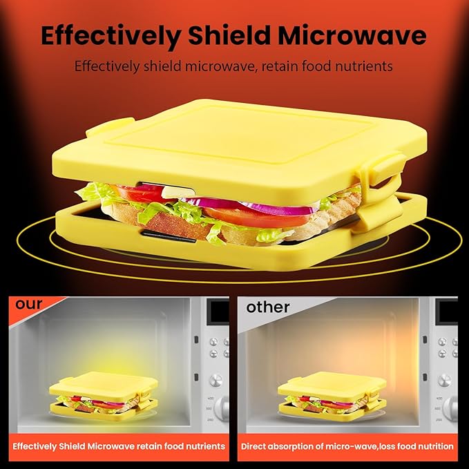 Microwave Toastie Maker, 6.9 * 5.9 * 1.6 Inch Sandwich Maker Time-Saving Grilled Cheese Toaster with Adjustable Silicone Strap Microwave-Safe Cookware Kitchen Tool for Toastie Panini (Yellow)