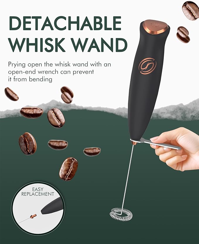 Milk Frother With Stand Handheld Drink Mixer Handheld with 2 Whisks Milk Frother Wand Coffee Frother Electric Whisk Stirrers Electric Milk Frother for Coffee Mixer Wand-Black/Copper