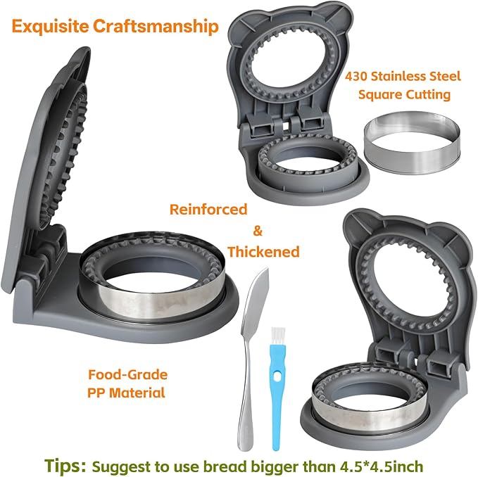 Sandwich Cutter and Sealer - 3.7" Circle & Square Pocket Sandwich Maker, Intuitive & Easy-to-Use for Boys &Girls, Perfect for Breakfast & Lunchboxes (Gray, Round)