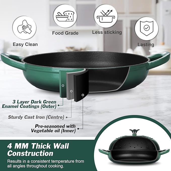 P&P CHEF Bread Dutch Oven for Sourdough, 5.5 Quart Enameled Cast Iron Dutch Oven Pot with Lid for Homemade Bread Baking, Easy to Clean & Even Heat, Dark Green