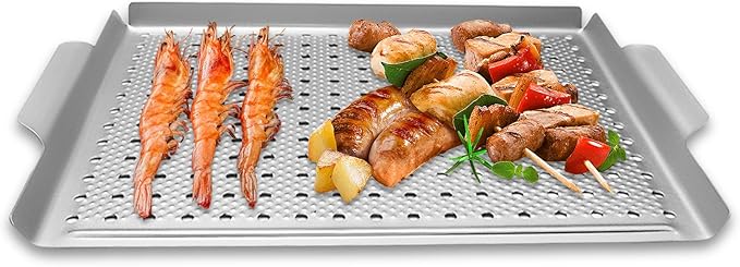 Vegetable Grill Basket, Nonstick Grill Topper for Outdoor Grilling, BBQ Grill Pan with Handles for Vegetable, Fish, Meat, Seafood (15x11IN)