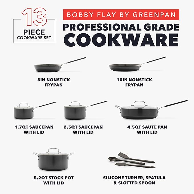 GreenPan x Bobby Flay 13 Piece Nonstick Cookware Pots and Pans Set, PFAS-Free Diamond Ceramic, Induction Suitable, Easy Clean Dishwasher & Oven Safe, Stay-Cool Silicone Handles, Glass Lids, Black