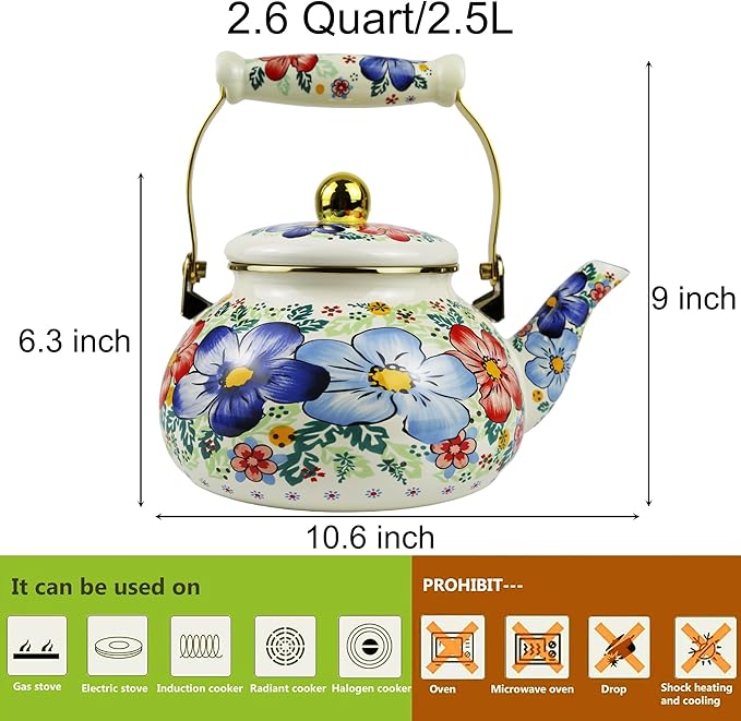 2.5L Enamel Tea Kettle, Bohemia Blue Flower Stovetop Teapot, Stylish Retro Steel Enamel Hot Water Kettle, Retro Classic Design Ideal Home Decor/Christmas Gift
